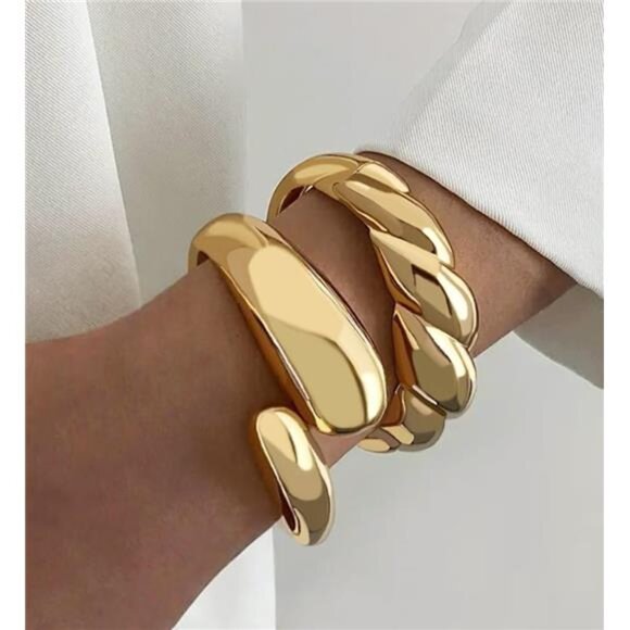 Chunky Gold Bangle Bracelet Set | 14K Plated Stackable Statement Jewelry. - Picture 3 of 5